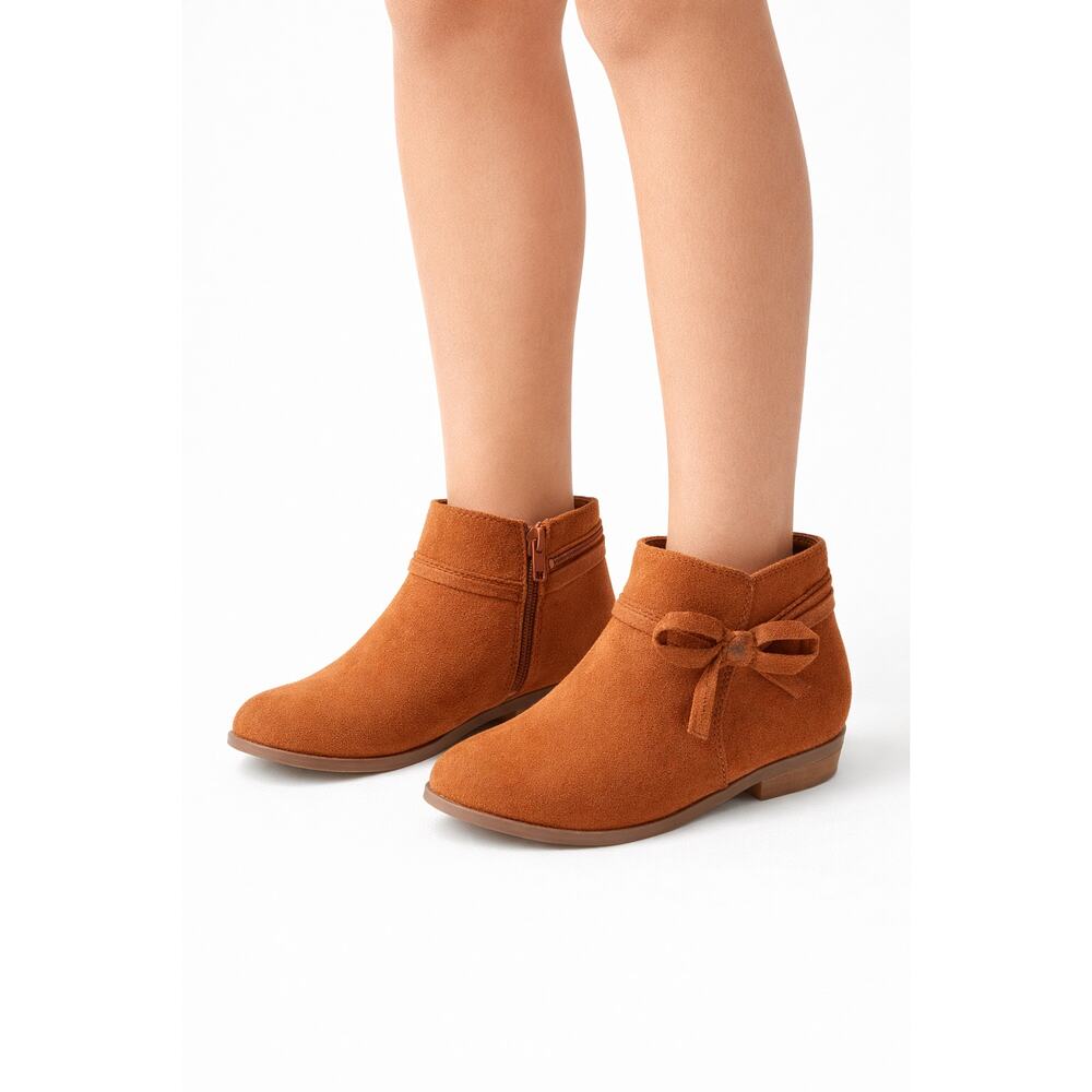 Soda Girls Ankle Boots Brown Faux Suede Bow Side Zip Youth